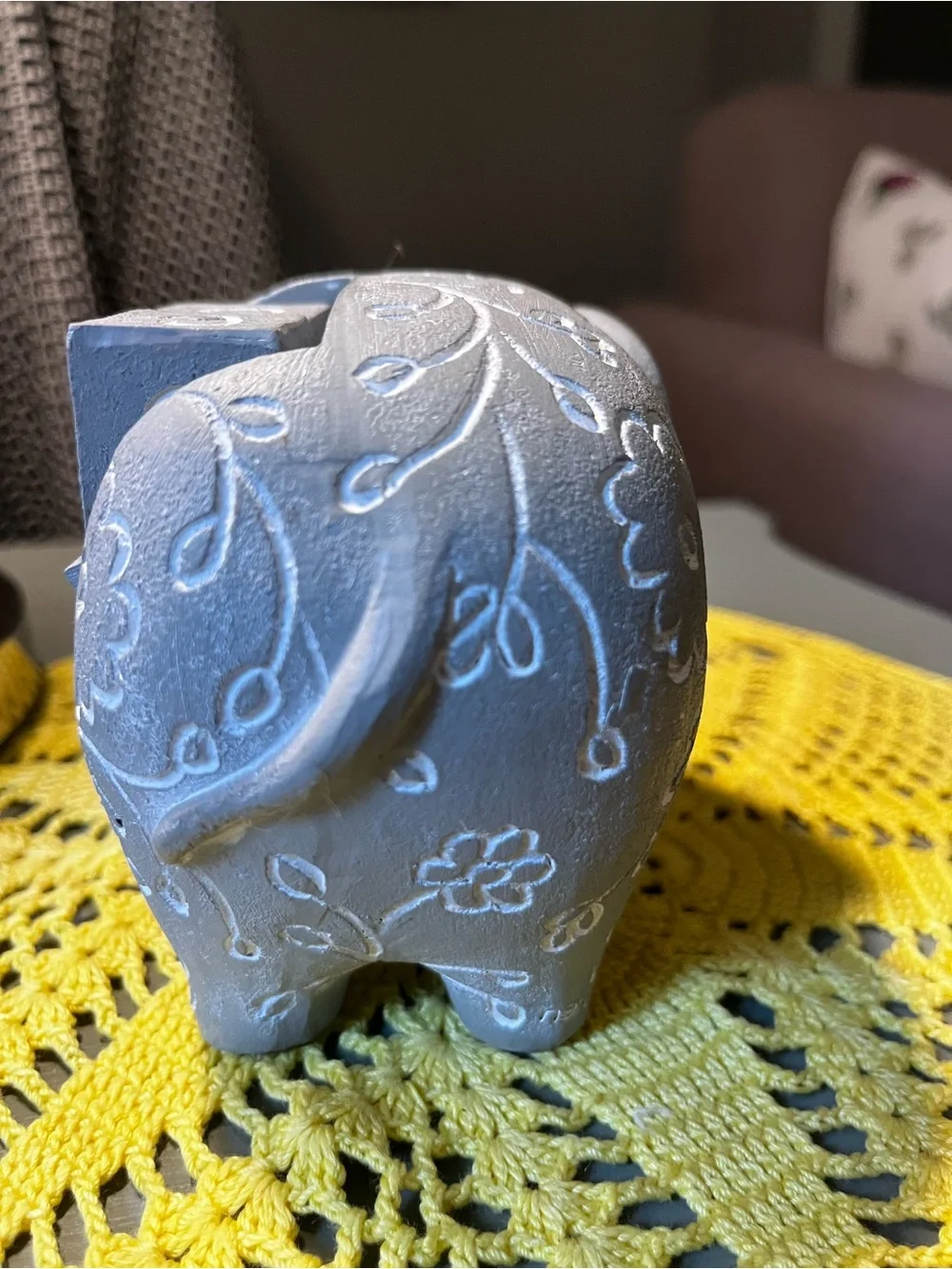 Grey Floral Carved Elephant Perpetual Wooden Block Calendar Desk Accent